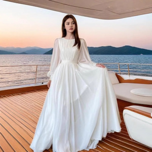 Robe de mariée élégante coupe trapèze, col rond, manches longues, couleur unie, robe de soirée pour femme, tissu polyester bleu - Product Image 5