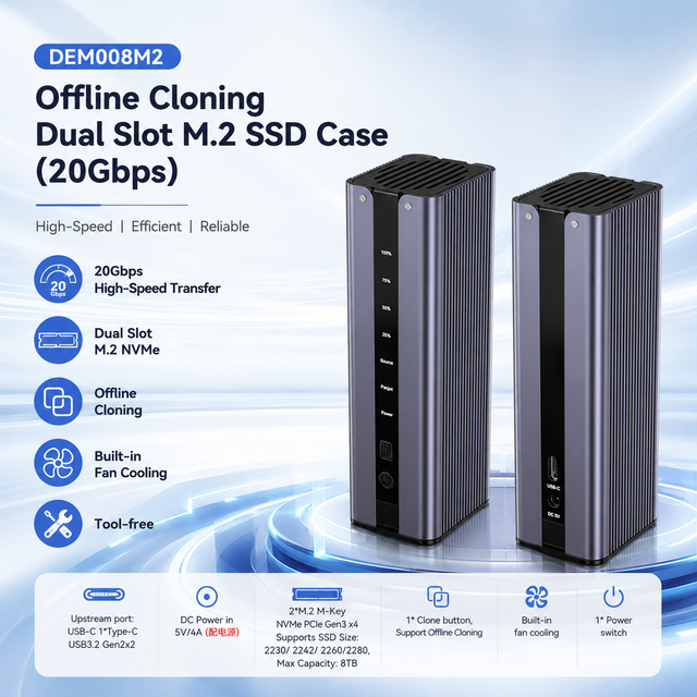 Dual-Bay M.2 NVMe SSD Enclosure, USB-C 20Gbps, Offline Cloning, Built-in Fan, Tool-Free, Supports 2x8TB 2230/2280 SSD
