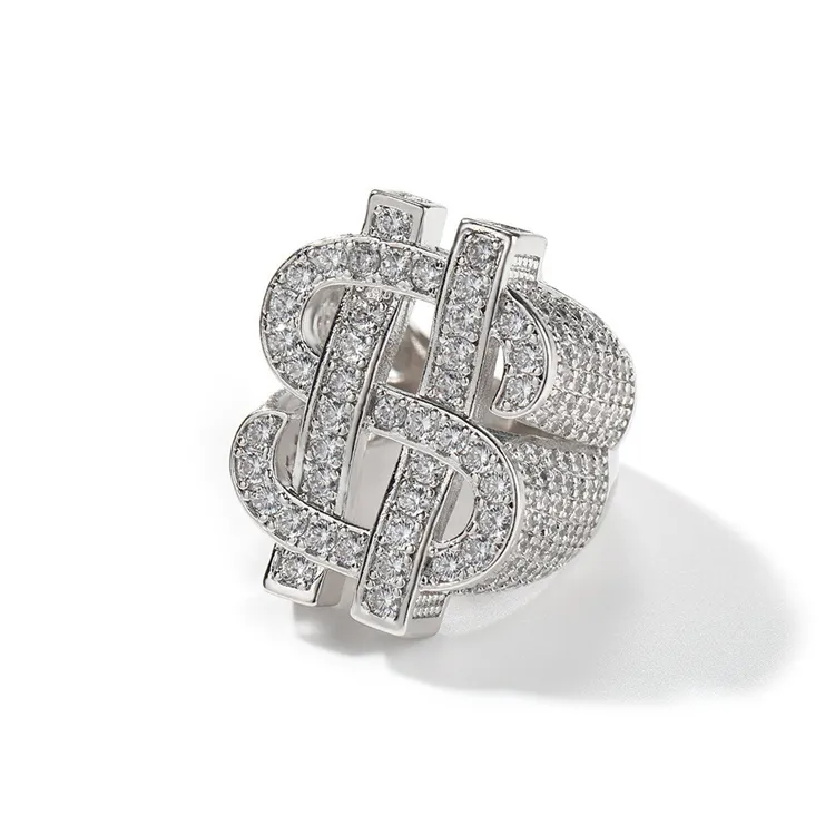 Vendita calda Hip Hop vuoto segno del dollaro pieno di zircone anello personalizzato moda argento zirconi anello all'ingrosso per gli uomini