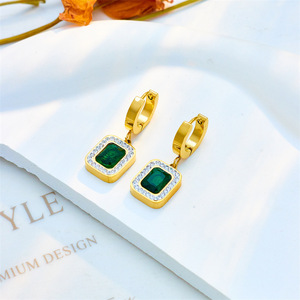 Vintage Square Emerald CZ 3Pcs Jewelry Set 18K Gold Plated Titanium Steel <b>Snake</b> <b>Chain</b> Necklace <b>Bracelet</b> Hoop Earrings - Product Image 6