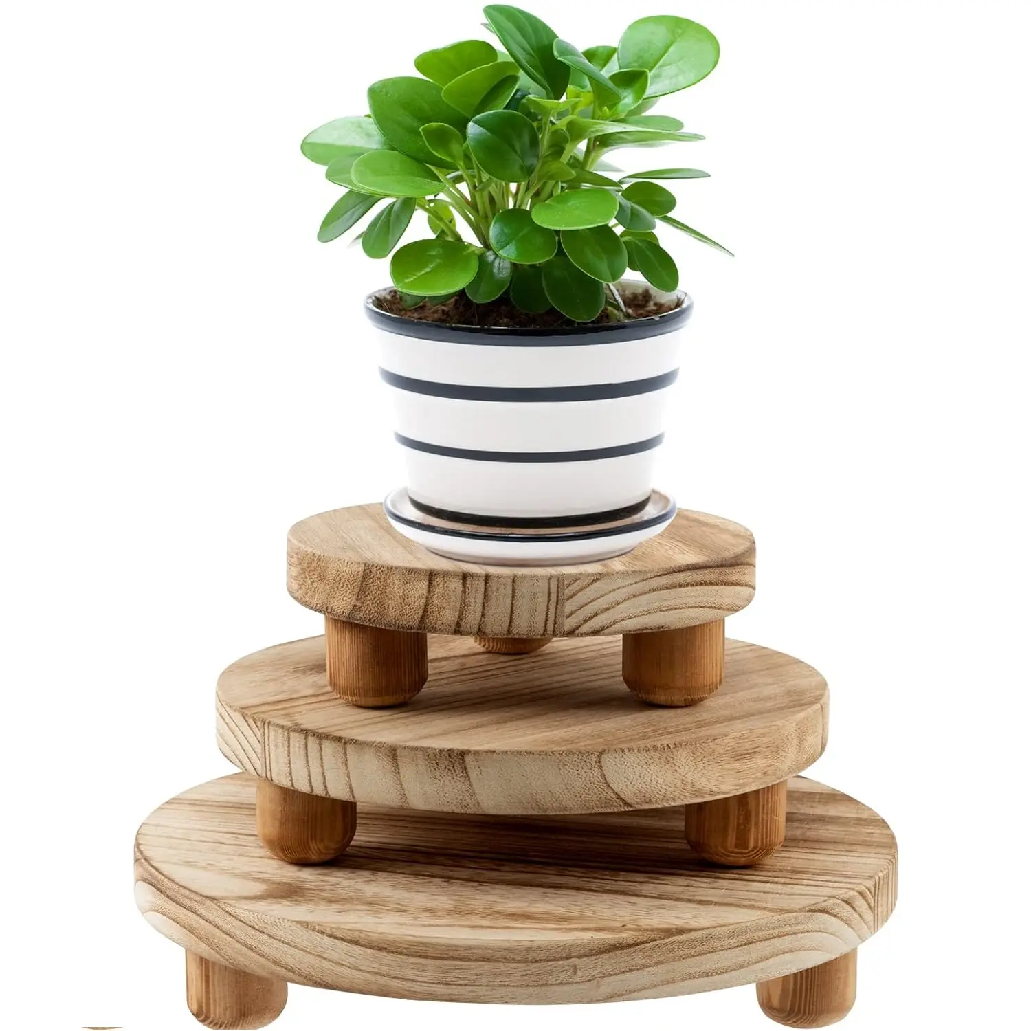 Paquete de 3 taburetes de madera para plantas, estante para bonsái, mesa pequeña redonda, estante para flores, estante para bonsái