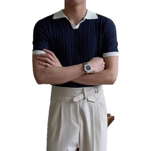 Polo homme tricoté à manches courtes, style italien, blanc et bleu marine, coupe ample, haut de gamme, pour l'été - Product Image 5