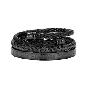 Men's Stainless Steel <b>Adjustable</b> Cuff <b>Bracelet</b> With Twisted Cable Design Roman Numeral Bangle Fashionable Rings 3pcs Jewelry Set - Product Image 5