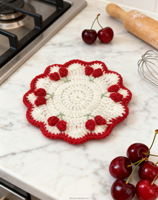 En gros, Sous-verre en crochet fait main motif cerise, pour boissons aux fruits, dessous de théière, décoration de table, cadeau