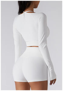 Benutzer definierte Logo 2-teilige gerippte Workout-Sets Frauen Square Neck Langarm Crop Tops High Waist Biker Shorts Gym Print Leggings BH - Product Image 6