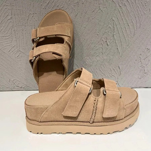 Brown Khaki Velcro Flat Sandals Women Open <b>Toe</b> Anti-Slippery Beach Shoes Slip-On Genuine Leather Upper Thick Sole Outdoor Heel - Product Image 4