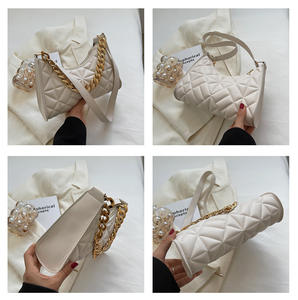 กระเป๋าสะพายไหล่หนัง PU ย้อนยุคสำหรับผู้หญิงประดับโซ่กระเป๋าถือมีซิปสีทึบ - Product Image 6