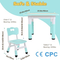 Ensemble table et 2 chaises pour étudiants SINKIPA, durable, hauteur réglable, facile à nettoyer, plastique, design moderne et mignon, homologué CPC CE, vert, pour l'école