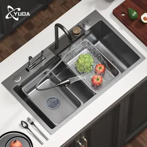 Pantalla Digital Led multifunción Fregadero de cocina de doble cuenco Juego de fregadero de cocina de lluvia de cascada moderna