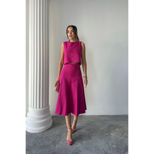 Ensemble deux pièces pour femme : Blouse sans manches en gabardine et jupe cloche fuchsia, taille S - Product Image 2