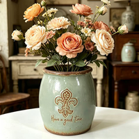 Vas Keramik Hijau Sage Mulut Lebar, Pot Bunga Lukis Tangan Bergaya Rustic Farmhouse untuk Dekorasi Ruang Tamu