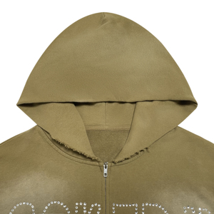 Men's Oversized Khaki Distressed Zip Up Hoodie Stud with Rhinestones Stained Glass Sleeve High Street Casual Vintage Sweatshirt - Product Image 5