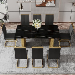 Modern Minimalist Dining <b>Table</b> Black Patterned Glass Desktop Golden Metal Legs Eco-friendly Durable Home Furniture for Hotels - Product Image 3