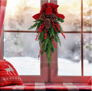 Guirnalda Navideña Artificial Personalizada en Forma de Lágrima con Lazo, Bayas Rojas y Piñas para Decoración de Puerta Principal, Pared y Ventana - Product Image 6