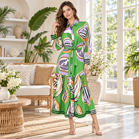 Gaun Kemeja Wanita Motif Bohemian Kasual Tenun Lengan Panjang Berikat Kancing Midi Pinggang Alami ODM