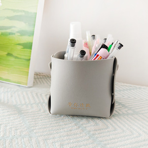 Light Gray PU Storage <b>Tray</b> 12L Foldable Desktop Cosmetic Organizer <b>Makeup</b> Storage Basket - Product Image 1