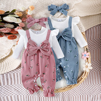 Vioyavo Ensemble Combinaison Décontractée en Laine Respirante pour Bébé Fille, Manches Longues, Imprimé Floral, Patchwork, Nœud, Bandeau, Automne