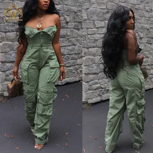 Trendy Women's Fashion Romper Off-shoulder Big Pocket Workout Jumpsuits Lady Woman Cargo Jumpsuit Rompers Lady Elegant