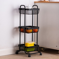 Chariot de rangement rotatif à 3 niveaux en métal pour salle de bain et cuisine, avec étagères à légumes et tiroirs coulissants