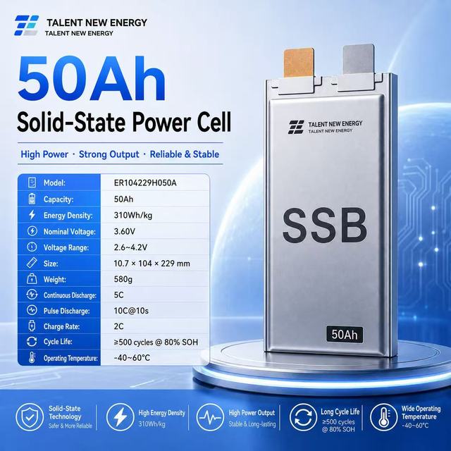 310Wh/kg Semi-solid-state Lithium Battery 50Ah High-density Cell for Drone LiNiMnCoO2 Cathode 500 Cycles -40-60 Operating