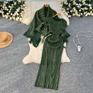 LW1121 للسيدات 2-طقم فضفاض فضفاض ببوق كم طية صدر السترة مثقاب ساخن يضغط أعلى الطيات + فستان بلا أكمام بدلة من قطعتين - Product Image 3