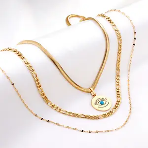 Kalung Emas Baja Tahan Karat Wanita dengan Desain Mata 3 Potong Multi Lapis Pesona Mata Jahat Set Kalung Lapis Berkualitas Tinggi