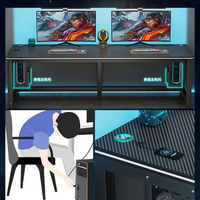 Bureau de jeu noir à double poste, table PC longue et robuste avec grand plateau pour 2 moniteurs et configuration de jeu