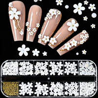 Boîte de 12 compartiments de décorations pour ongles en résine, motifs fleurs blanches, mélange de perles et micro-perles dorées, kit de strass floraux 3D, décorations de luxe pour nail art