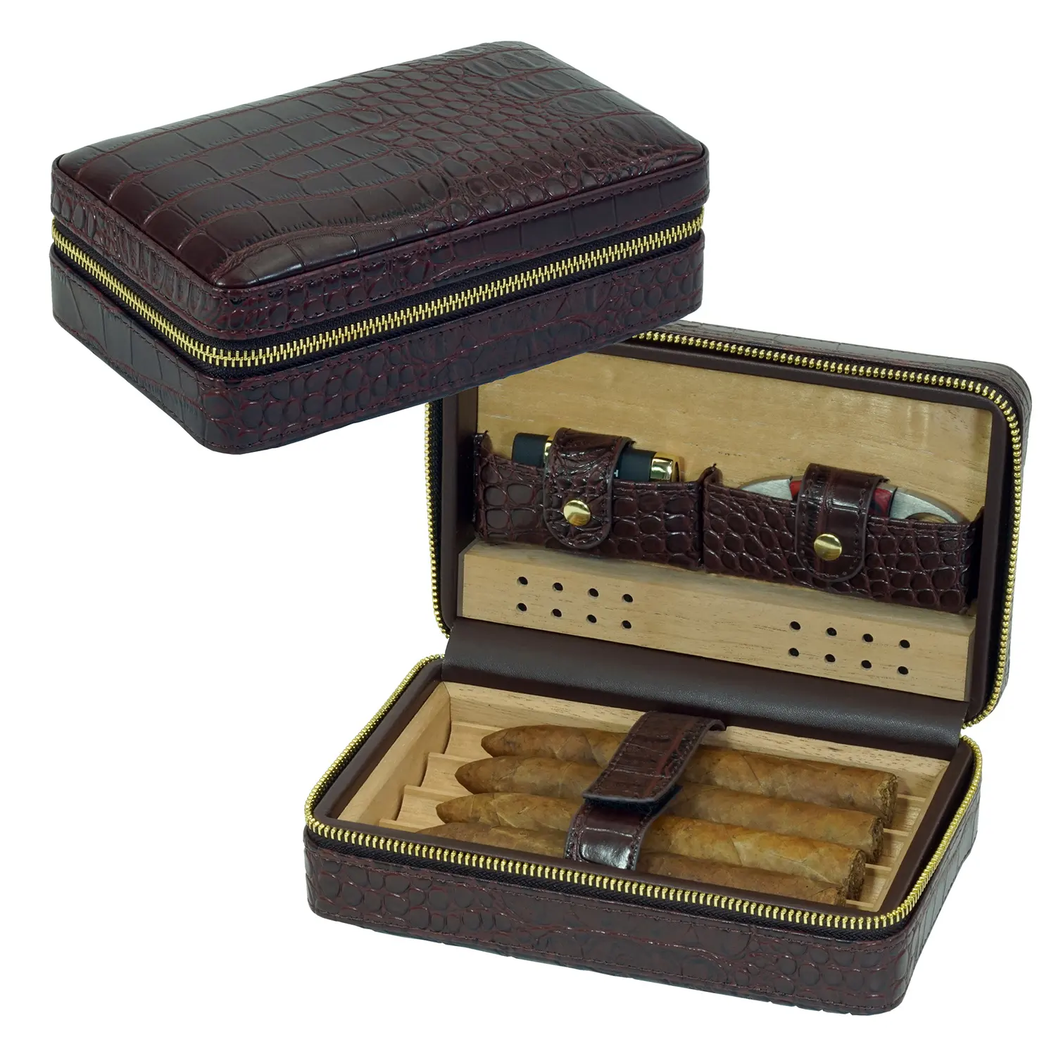 เคสซีดาร์ซิการ์ humidor หนังสีน้ำตาลดำสำหรับเดินทางโลโก้ที่กำหนดเอง