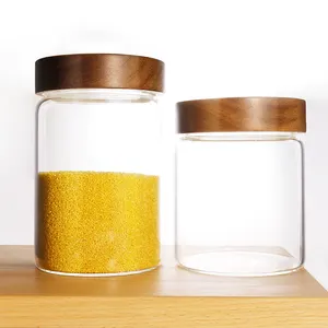 Custom Acacia Wood Lid Borosilicate Glass Canister For Sugar Tea Coffee Beans Candy Spice Glass Jar