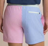 Shorts de bain décontractés personnalisés en tissu recyclé respirant et extensible à séchage rapide, imprimés colorblock et rayures seersucker, vente en gros