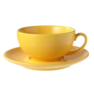 Недорогая глазурованная глина, чай, кофе, суп, Обычная Желтая большая кружка, фарфор с блюдцем