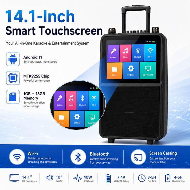 Outdoor Touch Screen Intelligent Audio Karaoke Machine with Large Display Screen, Karaoke Bluetooth Speaker