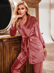 Pyjama en <span class=keywords><strong>velours</strong></span> de luxe à épaules tombantes avec passepoil contrasté, robe et <span class=keywords><strong>pantalon</strong></span> de pyjama pour femmes - Product Image 4