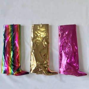 Bright Patent Overlay Knee High <b>Boots</b> Women Metallic Wedge Heels Shoes Folded Over Upper Pointed Toe Gold Booties - Product Image 6