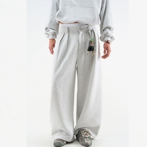 Men's Cotton Polyester Fleece <b>Joggers</b> Light Grey Heavyweight <b>Wide</b> <b>Leg</b> Trousers Pleated Baggy Cropped Sweatpants with Belt Loop - Product Image 1