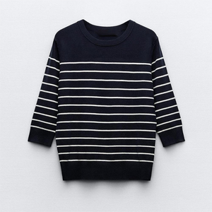 Women's New Home Knitted Tops Seven-quarter Sleeve <strong>Slouchy</strong> Knitwear Striped <strong>Jumper</strong> Wholesale Loose Women's Pullover - Product Image 1