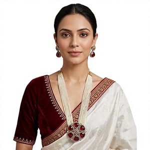 Royal Red <b>Ruby</b> Multilayer Pearl <b>Necklace</b> Set with Teardrop Earrings Indian Bridal Kundan Mala Statement Wedding Jewelry - Product Image 1