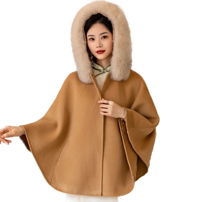 Nouveau style automne laine cape col en fourrure de renard manteau à capuche hiver mode poncho manteau avec garniture en fourrure