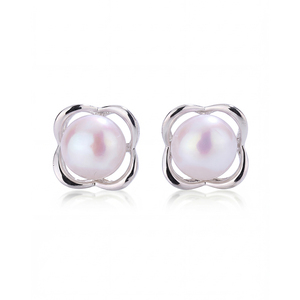 Pendientes de Perlas con Marco de Flor Hueca de Cuatro Pétalos en Cobre, Color Rosa y Morado, para Mujer, Joyería Floral con Perlas, Elegante Regalo Diario - Product Image 1
