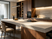 Îlot de cuisine moderne sur mesure avec plaque de cuisson à induction intégrée, table à manger intégrée et plan de travail en pierre frittée