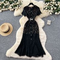 Robe en dentelle à col rond et manches courtes pour femme : Robe de soirée longue haut de gamme, ajustée, style sirène