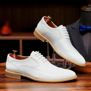 Chaussures Richelieu blanches pour hommes à bout pointu en cuir véritable à lacets pour mariage toutes saisons motif uni - Product Image 4