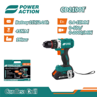 Perceuse-visseuse sans fil Power Action CD2100T 21V, couple de 45 N.m, batterie au lithium 2,0 Ah, 2 vitesses, mandrin sans clé 0,8-10 mm, perceuse électrique