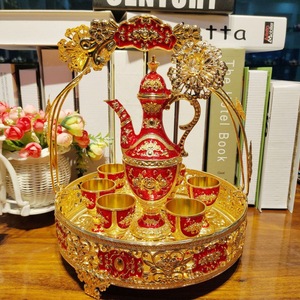 Manufacturer's <b>basket</b> set with plum blossoms, grapes, and roses for hotel and home use gold Metal wine flask and glasses - Product Image 3