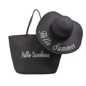 Logo personalizzato di marca di paglia di paglia naturale cappelli di paglia set a tesa larga da spiaggia cappelli di paglia floscio con borsa