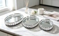 Ensemble de 3 plateaux décoratifs en cristal miroir, cadre en métal doré/argenté, plateau rond pour bougies, cosmétiques, décoration de table de mariage