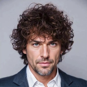 Peluca para Hombre Estilo Europeo Americano, Fibra Resistente al Calor, Sin Pegamento, Marrón Oscuro, Hecha a Máquina, Sin Encaje, Corta, Rizada y Levantada - Product Image 1