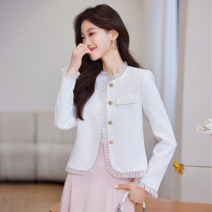 White Women's Blazer With Ruffled Trim Solid Color Polyester Worsted Spring Autumn Style - Product Image 4