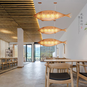 Bamboo <b>Fish</b> Shaped Pendant <b>Lamp</b> Oval E27 LED Gold Chandelier For Restaurant And Home Decor ZD-009 - Product Image 3